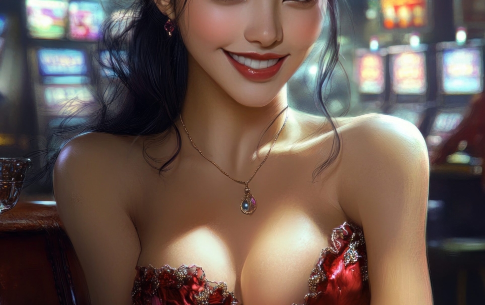 beautiful woman plays in casino